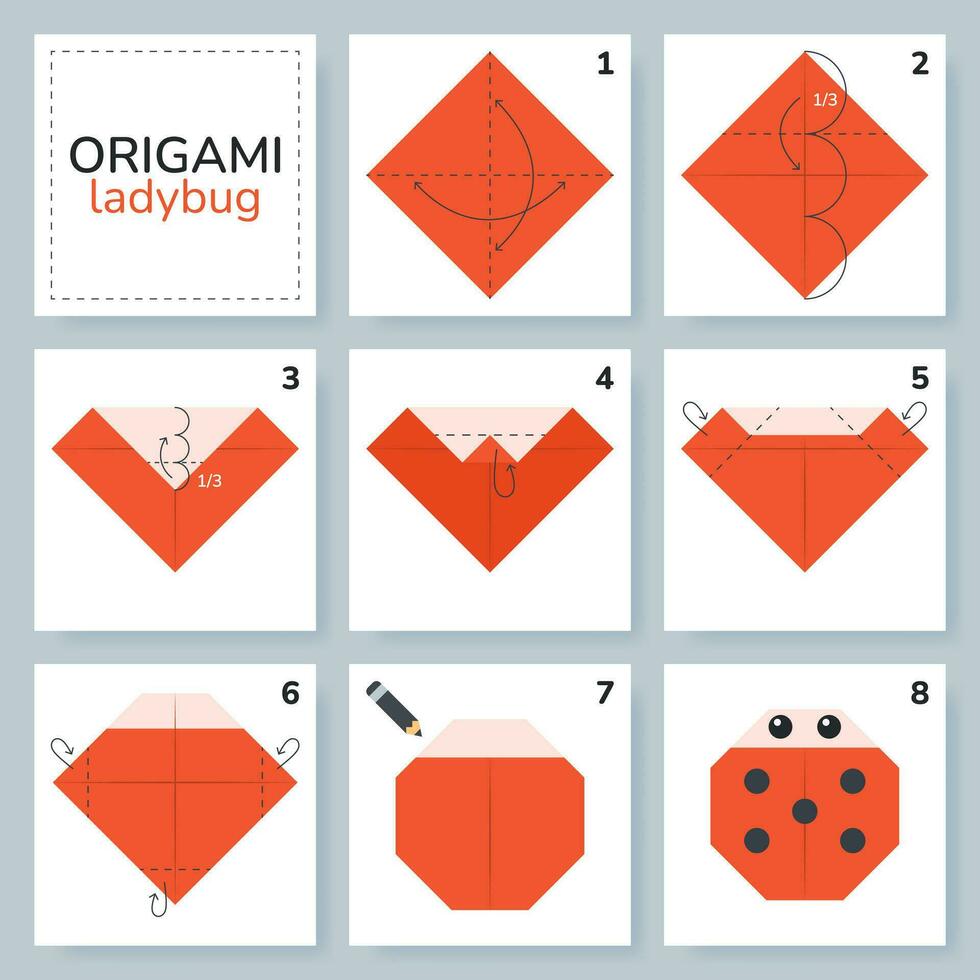 nyckelpiga origami schema handledning rör på sig modell. origami för ungar. steg förbi steg på vilket sätt till göra en söt origami insekt. vektor illustration.