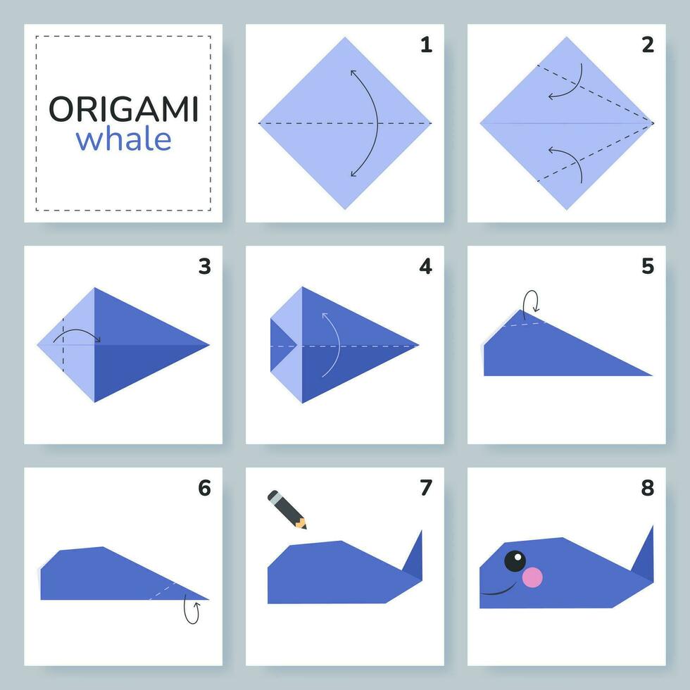 Wal-Origami-Schema-Tutorial, bewegliches Modell. Origami für Kinder. Schritt für Schritt, wie man einen niedlichen Origami-Wal macht. Vektor-Illustration. vektor