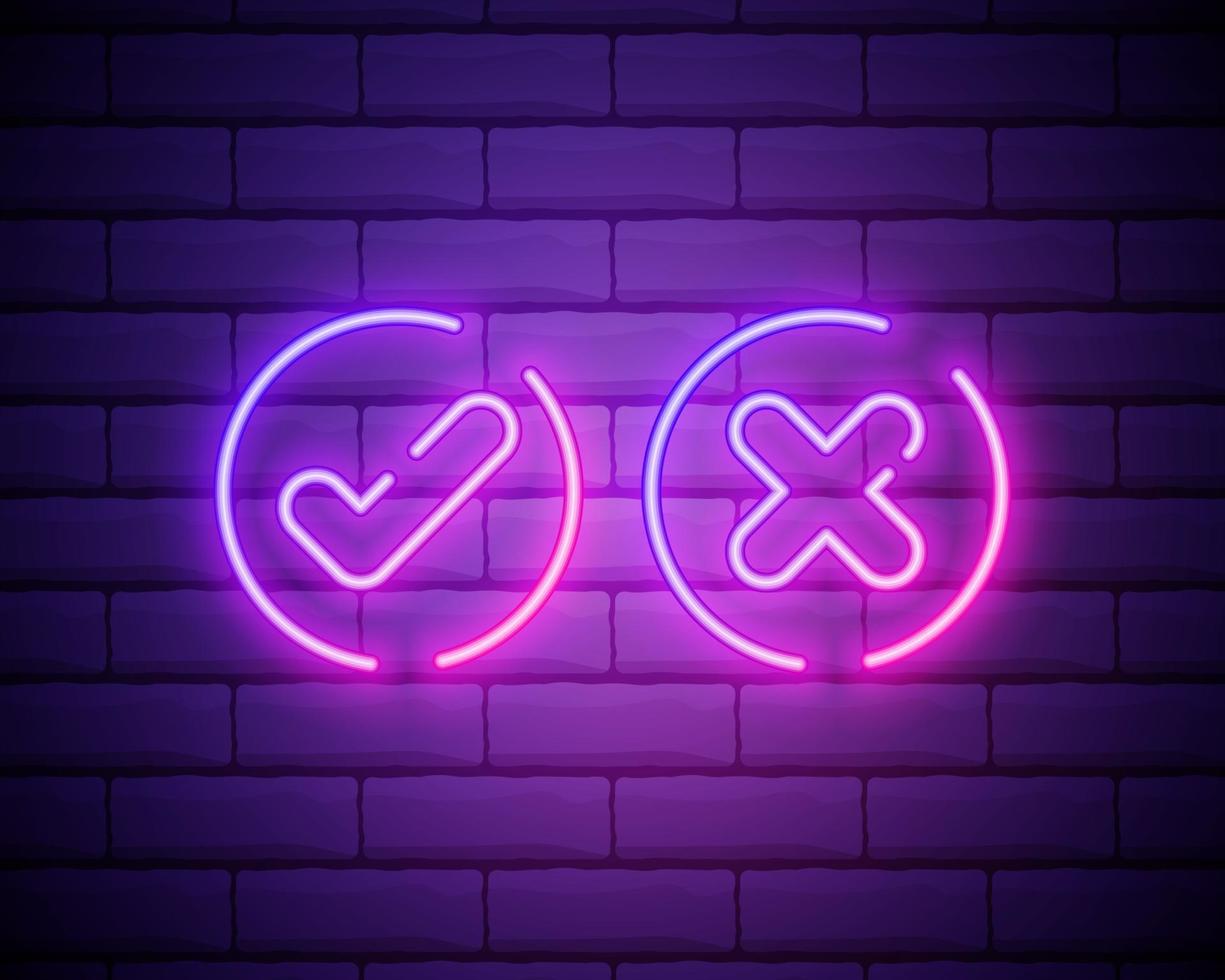 neon bock och korsa på tegelvägg. rosa fästing och nedgång symbol isolerad på tegelvägg. acceptera och avvisa. rätt och fel. ljus neon design för spel, app, webbsida. vektor illustration