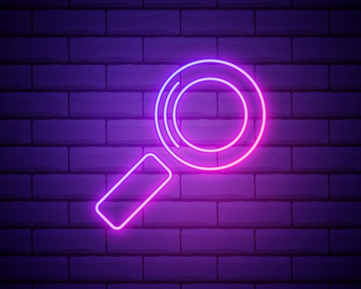 glödande neon förstoringsglas ikon isolerad på tegelvägg bakgrund. sök, fokus, zoom, affärssymbol. vektor illustration.