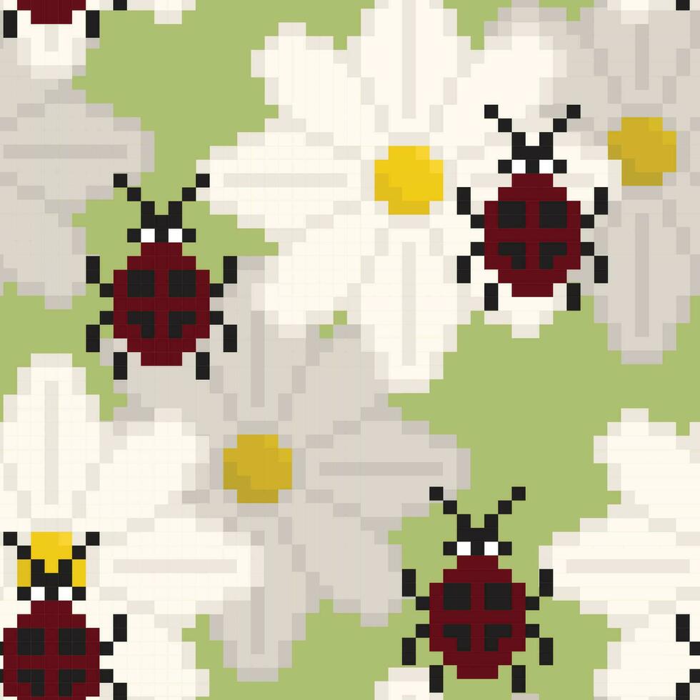 vektor sömlös mönster med daisy och Nyckelpigor i pixel konst stil