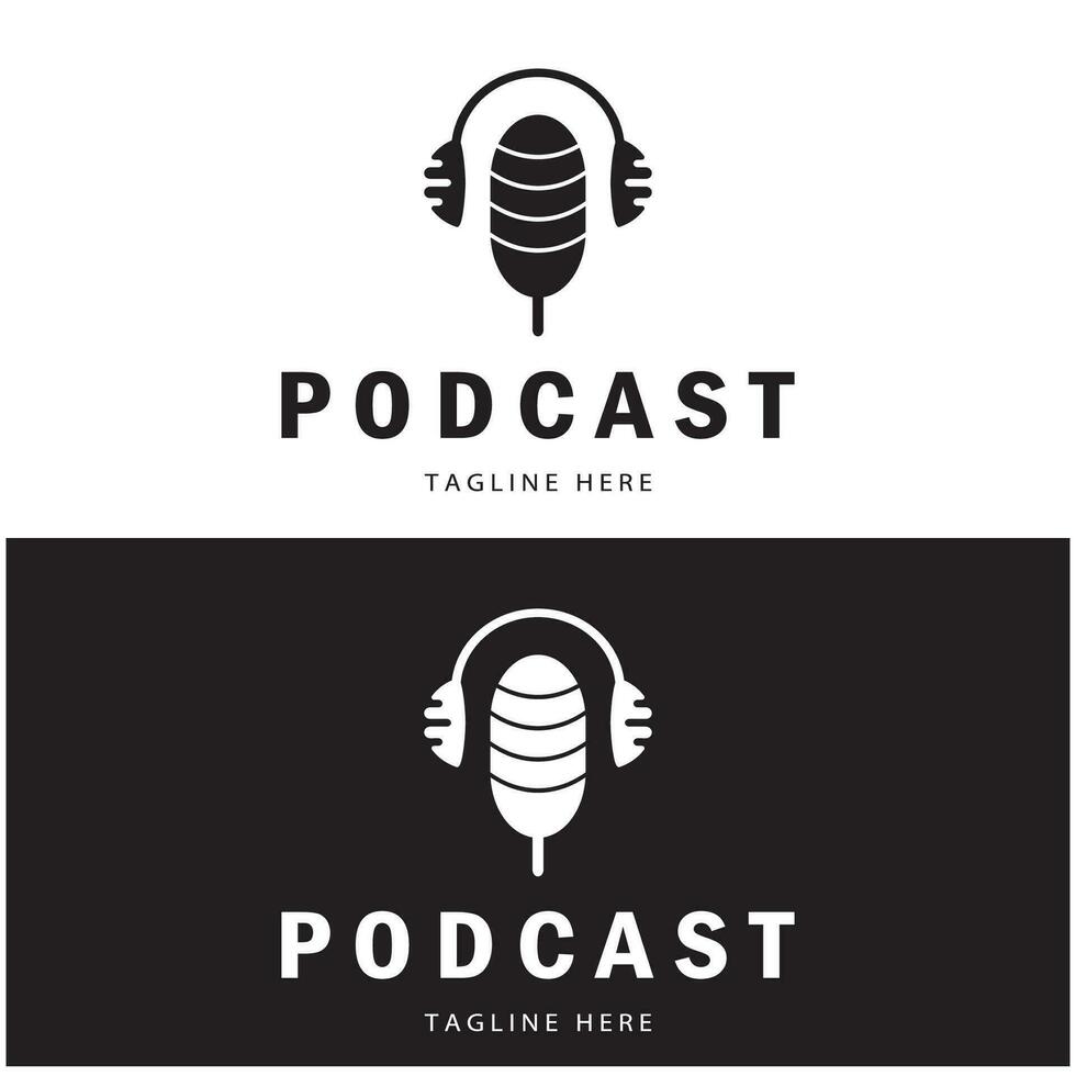 podcast logotyp med mikrofon och hörlur audio, radio vågor. för studio, prata show, chatt, information delning, intervju, multimedia och webb. vektor