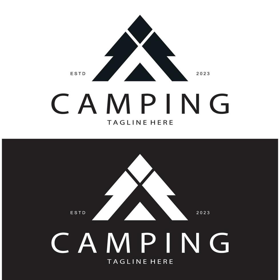 Jahrgang und retro Zelt Logo, Camping. mit Zelt, Baum und Lagerfeuer unterzeichnen. Abenteurer, Pfadfinder, Kletterer, Camping Ausrüstung Center vektor