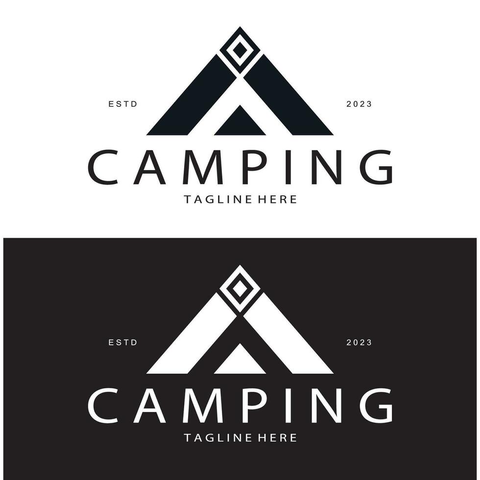 årgång och retro tält logotyp, camping. med tält, träd och bål tecken. äventyrare, scouter, klättrare, camping Utrustning Centrum vektor