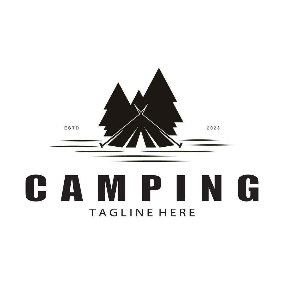 årgång och retro tält logotyp, camping. med tält, träd och bål tecken. äventyrare, scouter, klättrare, camping Utrustning Centrum vektor