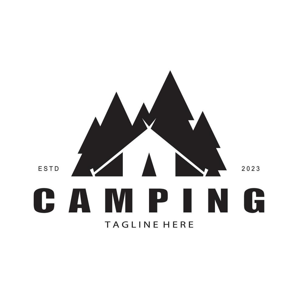 Jahrgang und retro Zelt Logo, Camping. mit Zelt, Baum und Lagerfeuer unterzeichnen. Abenteurer, Pfadfinder, Kletterer, Camping Ausrüstung Center vektor