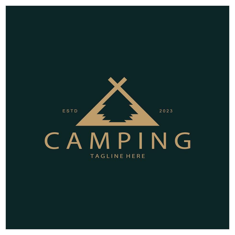 Jahrgang und retro Zelt Logo, Camping. mit Zelt, Baum und Lagerfeuer unterzeichnen. Abenteurer, Pfadfinder, Kletterer, Camping Ausrüstung Center vektor