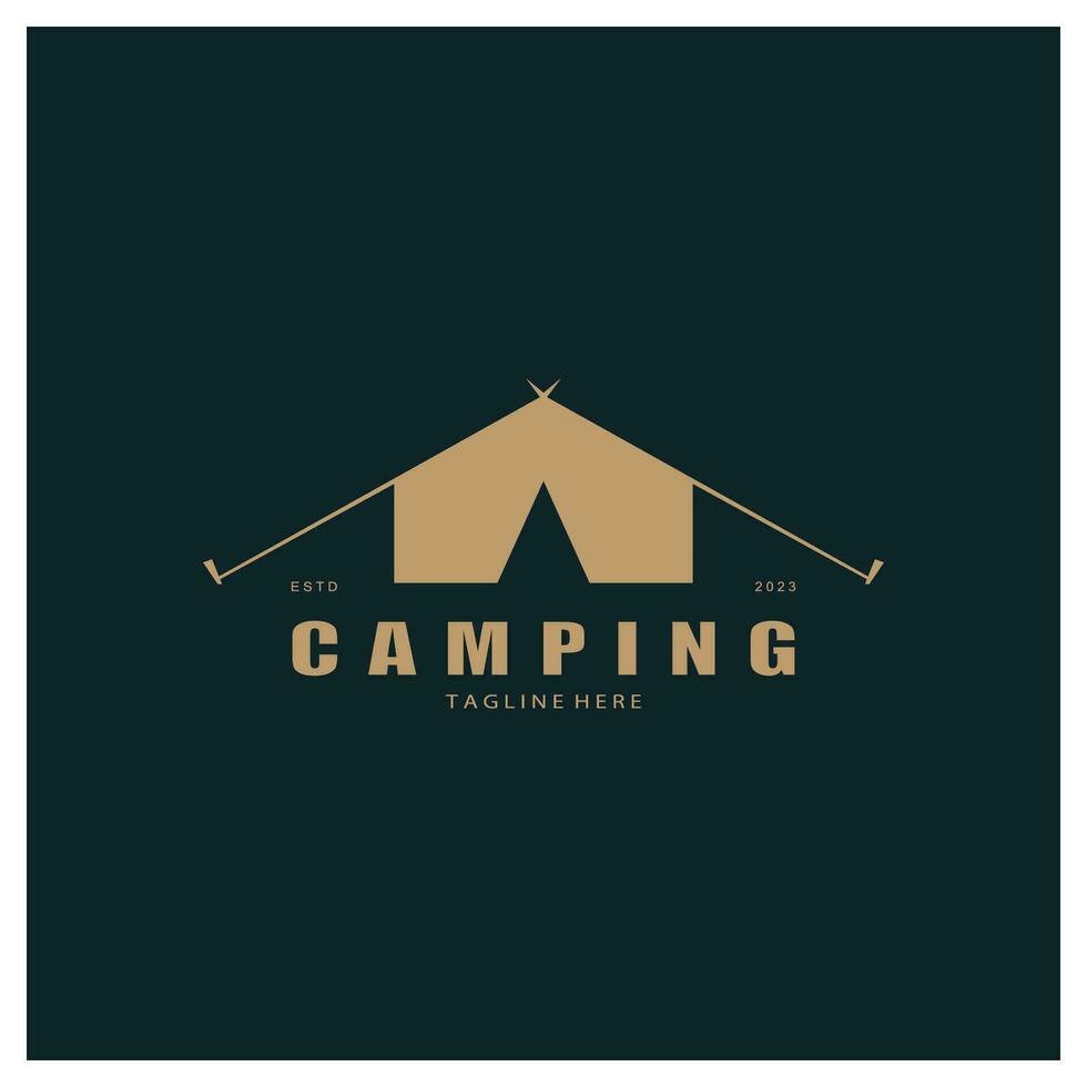 årgång och retro tält logotyp, camping. med tält, träd och bål tecken. äventyrare, scouter, klättrare, camping Utrustning Centrum vektor