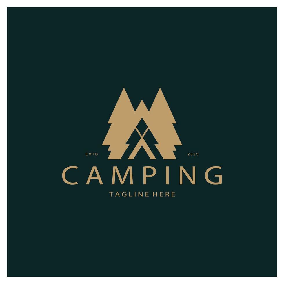 Jahrgang und retro Zelt Logo, Camping. mit Zelt, Baum und Lagerfeuer unterzeichnen. Abenteurer, Pfadfinder, Kletterer, Camping Ausrüstung Center vektor