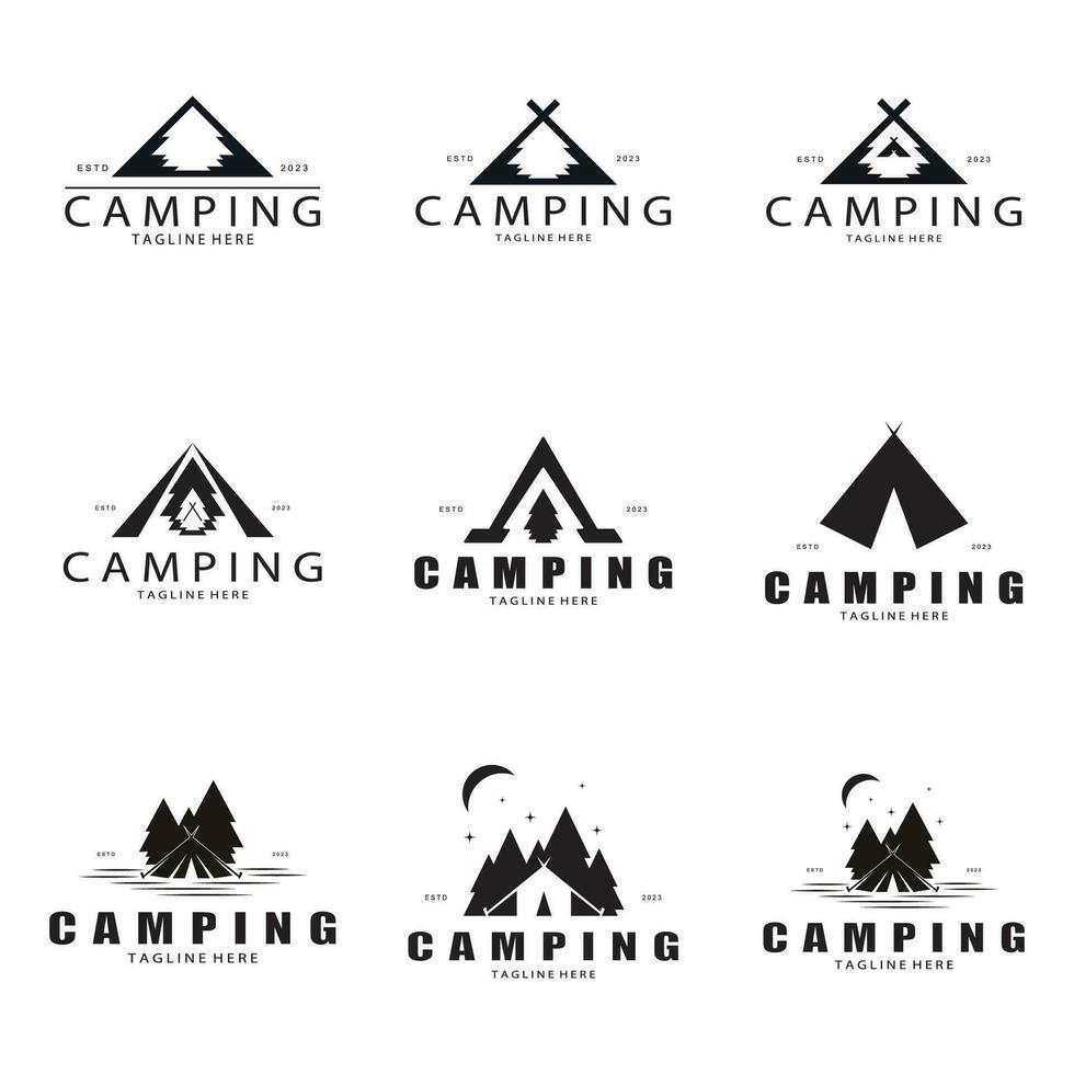 Jahrgang und retro Zelt Logo, Camping. mit Zelt, Baum und Lagerfeuer unterzeichnen. Abenteurer, Pfadfinder, Kletterer, Camping Ausrüstung Center vektor