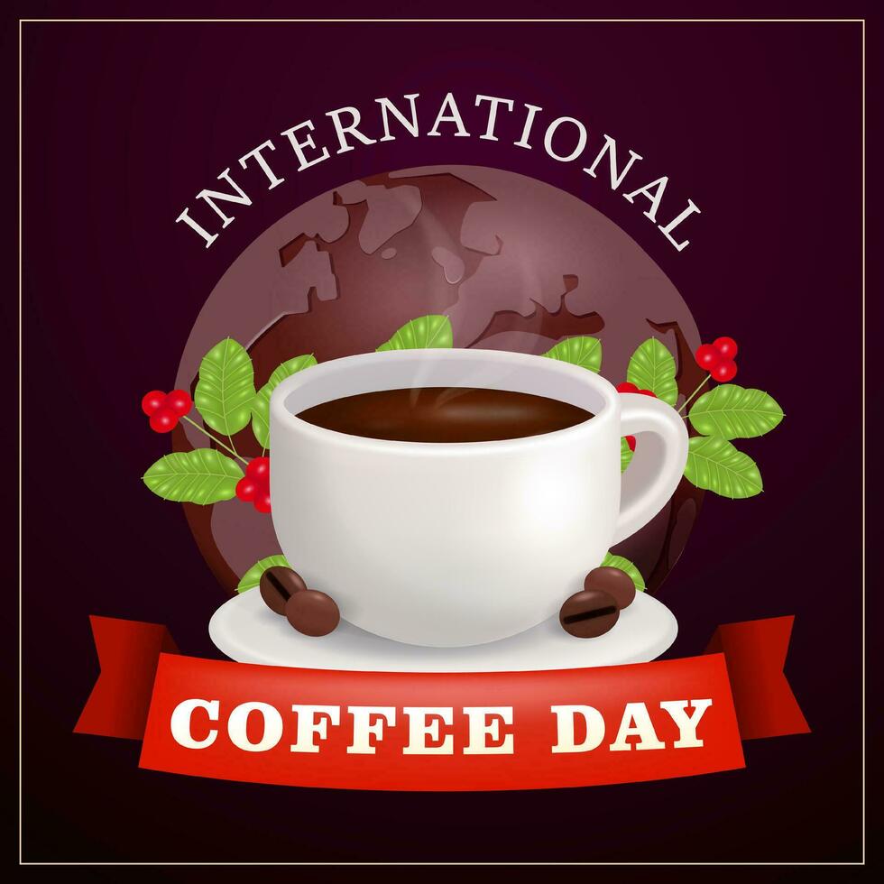 Kaffee Tasse mit Kaffee Bohne und Kaffee Pflanze Dekoration, mit Erde Hintergrund im 3d Vektor. geeignet zum Banner, Poster, Gruß Karten vektor