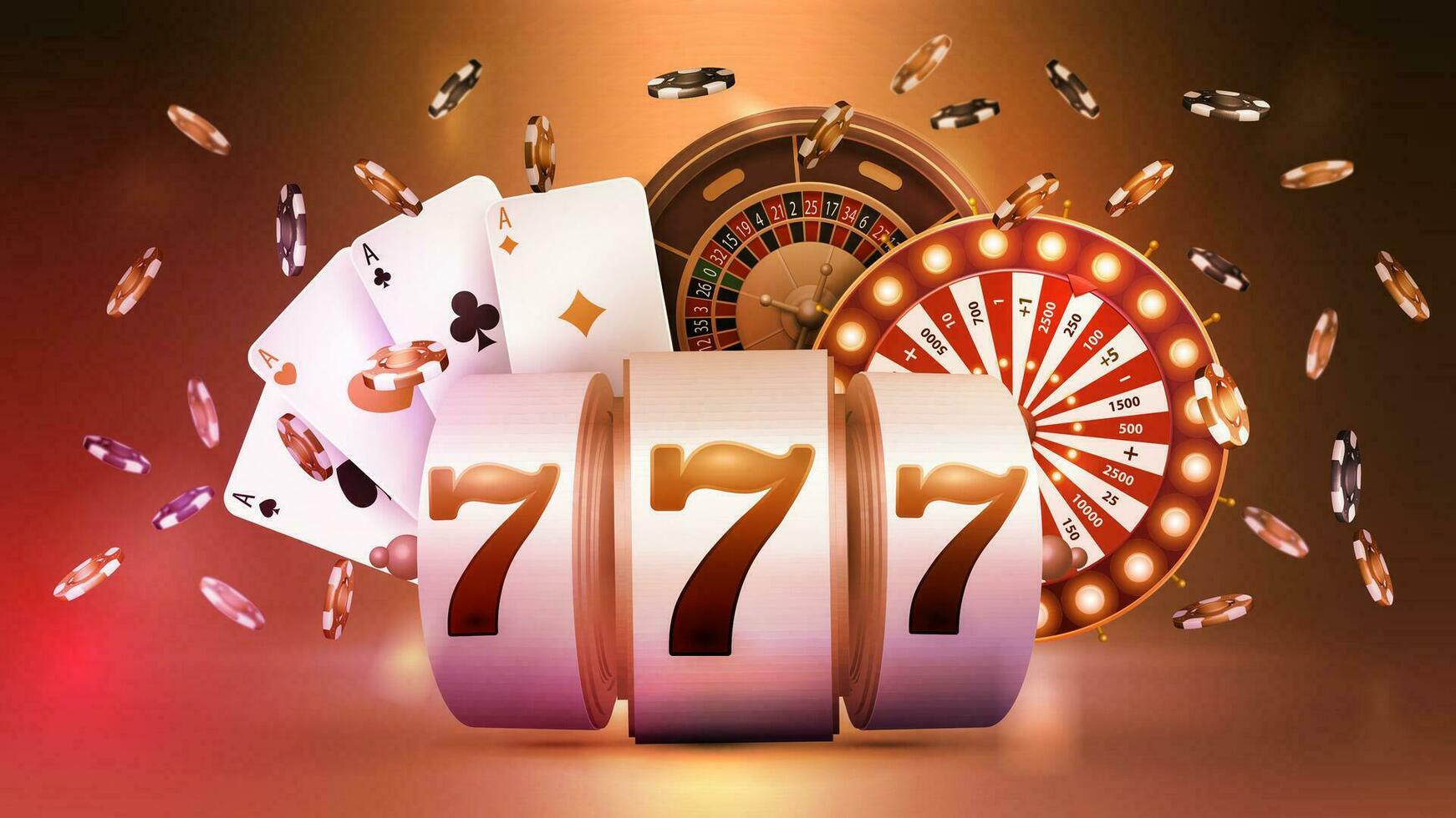 Kasino Slot Maschine, Rad Reichtum, Roulette Rad, Poker Chips und spielen Karten im Orange Szene. Kasino Poster zum Ihre Kunst vektor