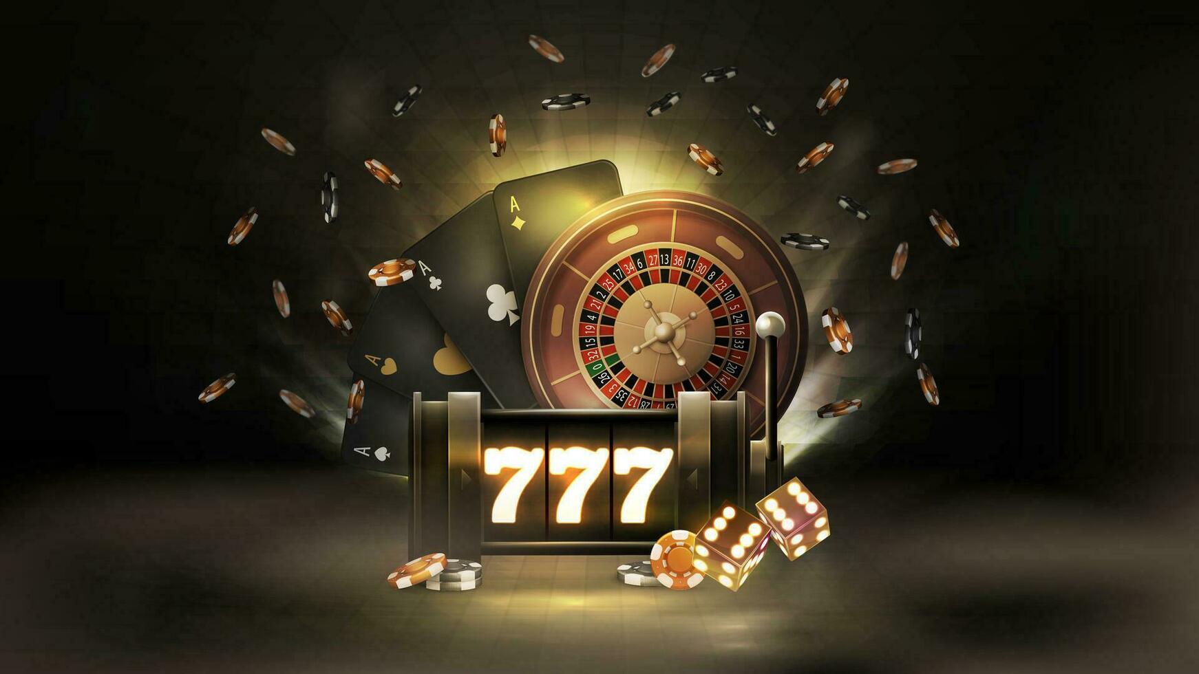 Poster mit schwarz Neon- Slot Maschine, schwarz spielen Karten, Roulette, Würfel und Poker Chips im Nebel auf dunkel Hintergrund vektor