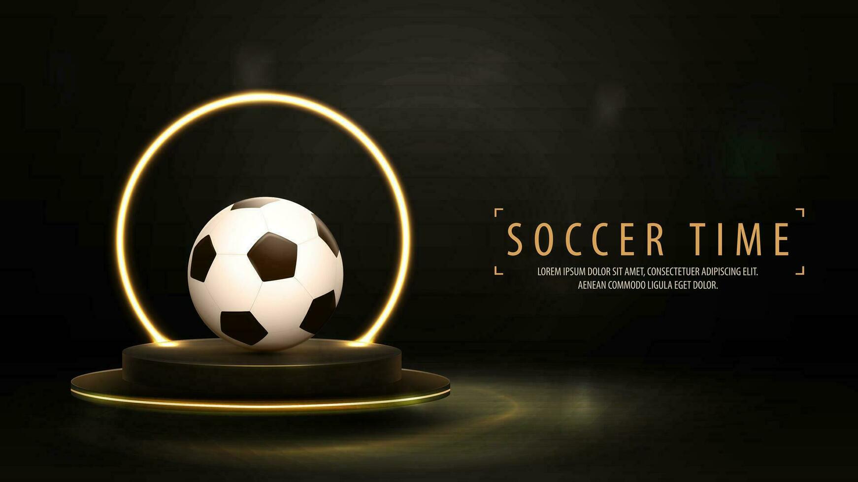 guld podium med fotboll boll och linje gul neon ringa på bakgrund. vektor
