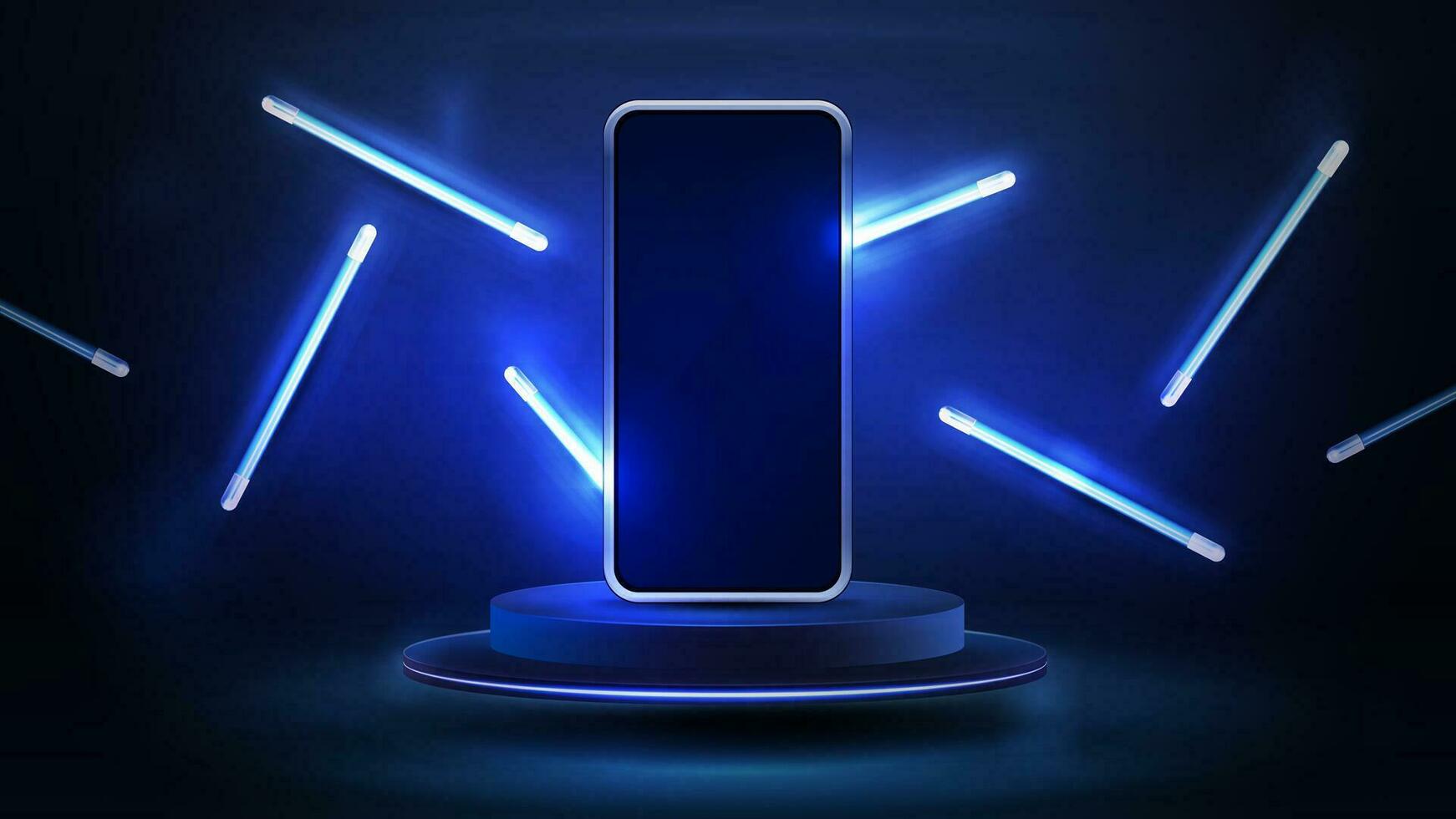 Smartphone auf runden dunkel Podium mit Linie zufällig fliegend Lampen um, 3d realistisch Vektor Illustration. Blau und dunkel Digital Szene mit Telefon Attrappe, Lehrmodell, Simulation