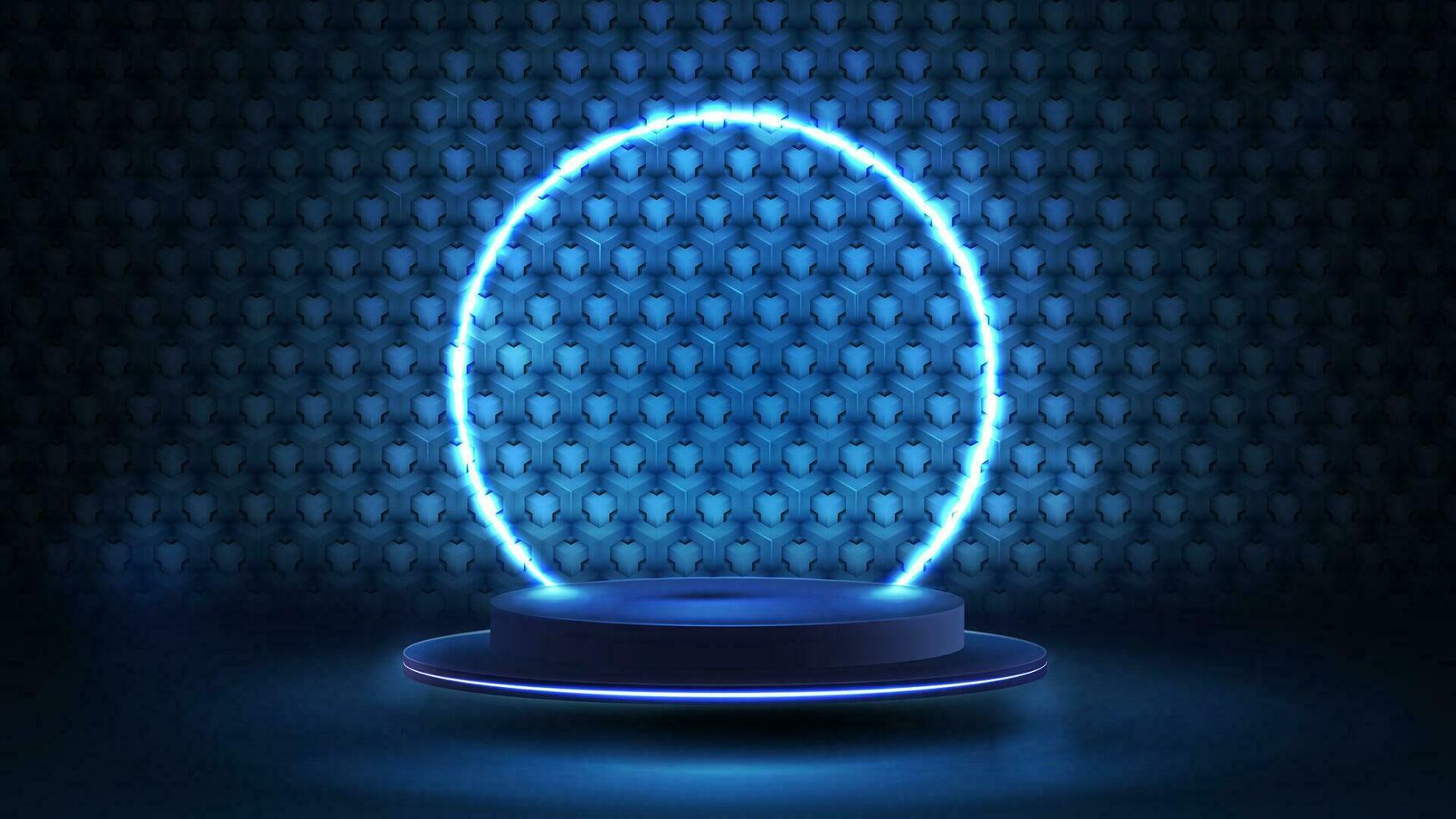 leeren Blau Podium schwebend im das Luft mit Blau Neon- Ring und volumetrisch Bienenwabe auf Hintergrund. Blau Digital Szene zum Produkt Präsentation vektor