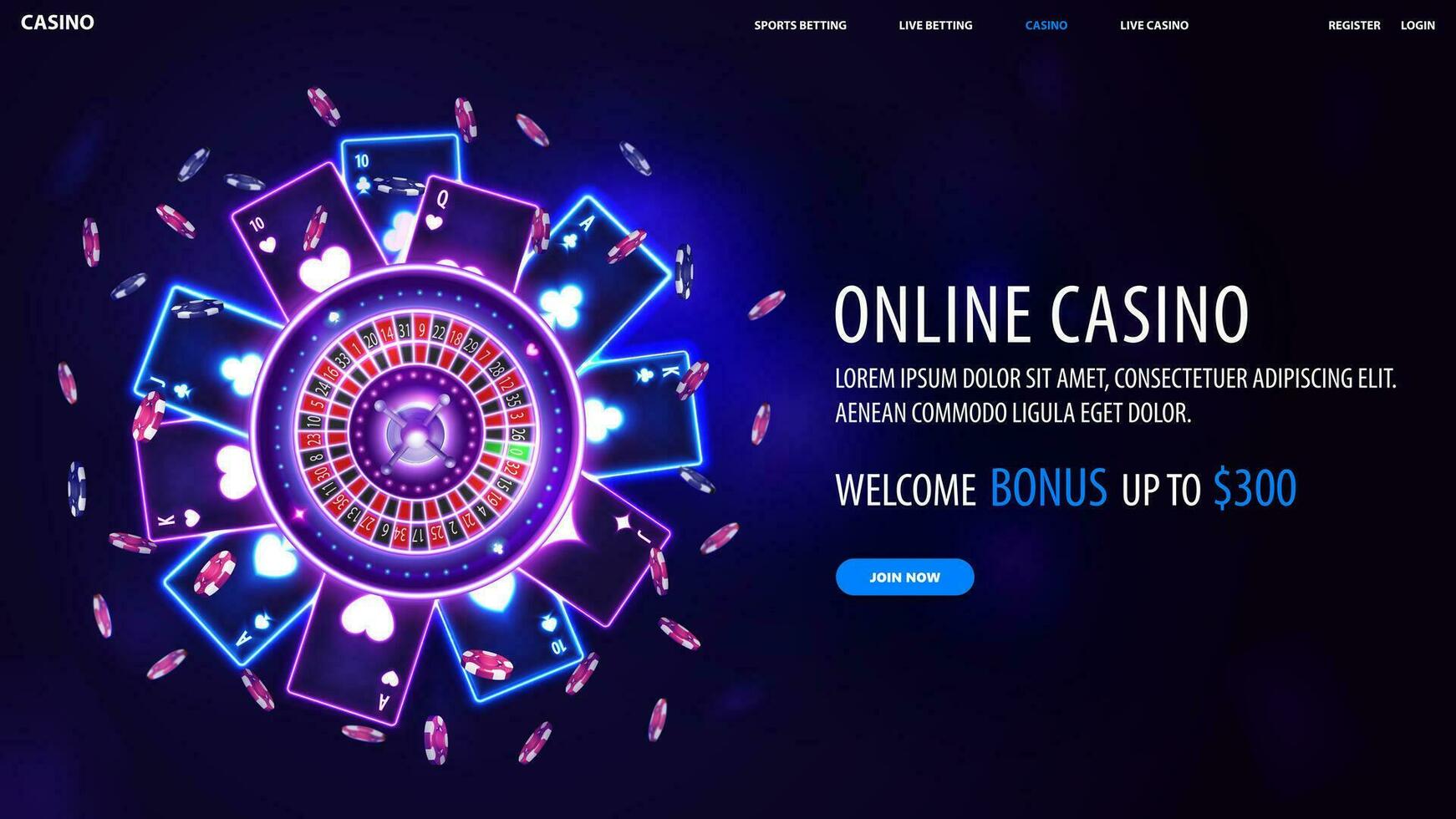 uppkopplad kasino, blå mörk baner med Välkommen bonus, knapp och rosa glans neon kasino roulett hjul med spelar kort vektor