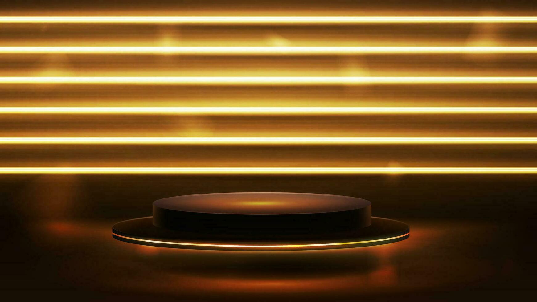 Gold leeren Podium schwebend im das Luft im dunkel Szene mit Gold horizontal Linie Neon- Mauer vektor