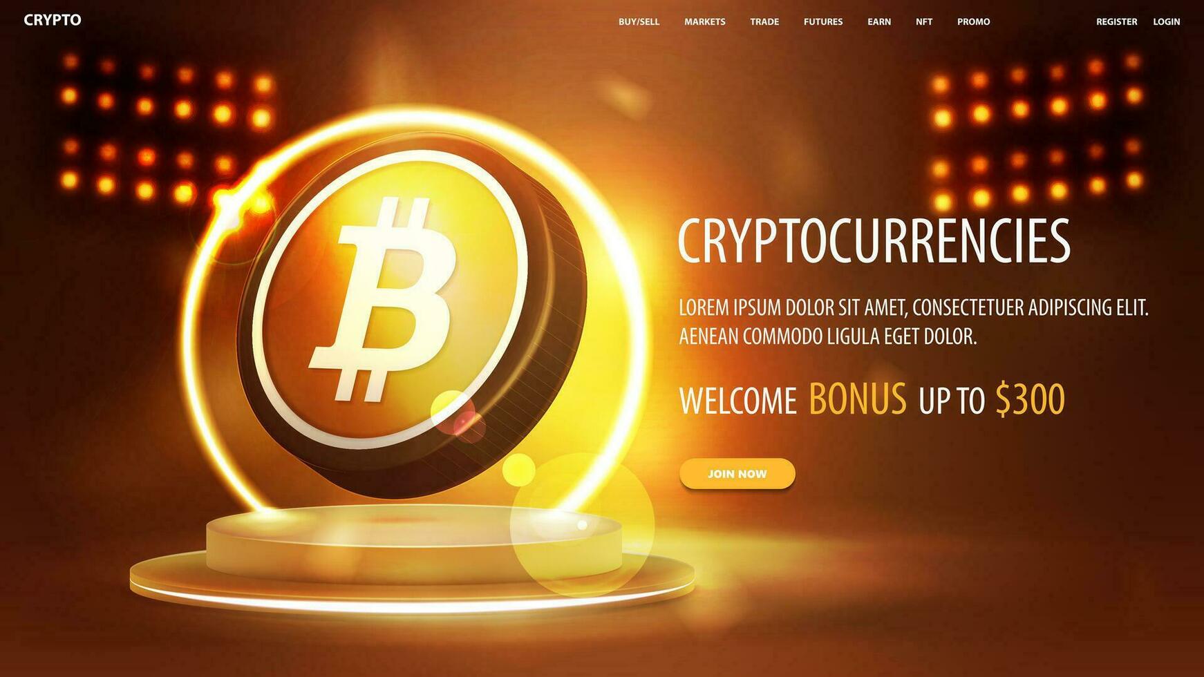 Banner zum Webseite mit Taste, Podium mit Gelb Neon- Ring auf Hintergrund und Gold 3d Bitcoin vektor