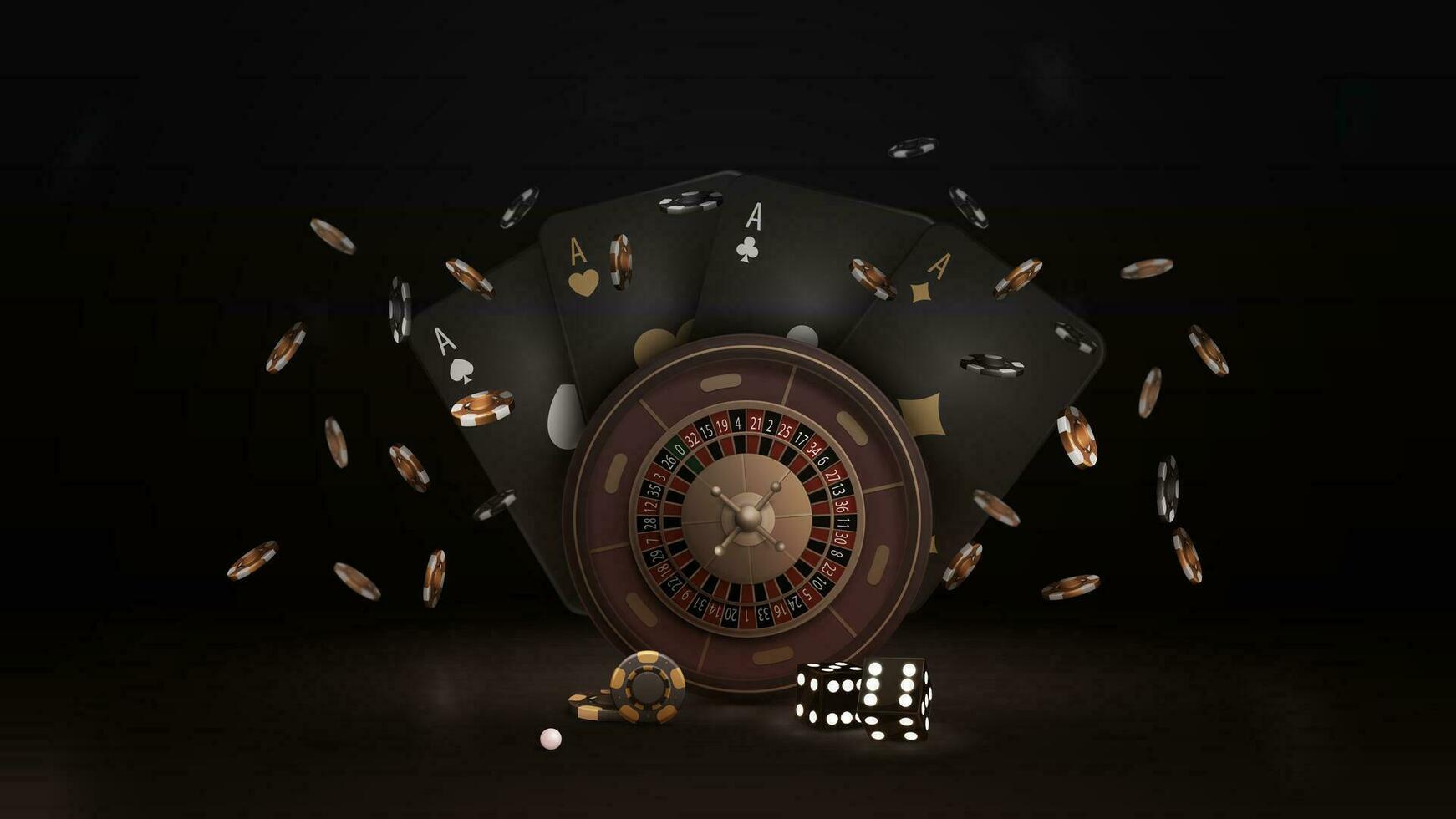 Kasino Roulette Rad mit schwarz spielen Karten, Würfel und Chips im dunkel Szene vektor