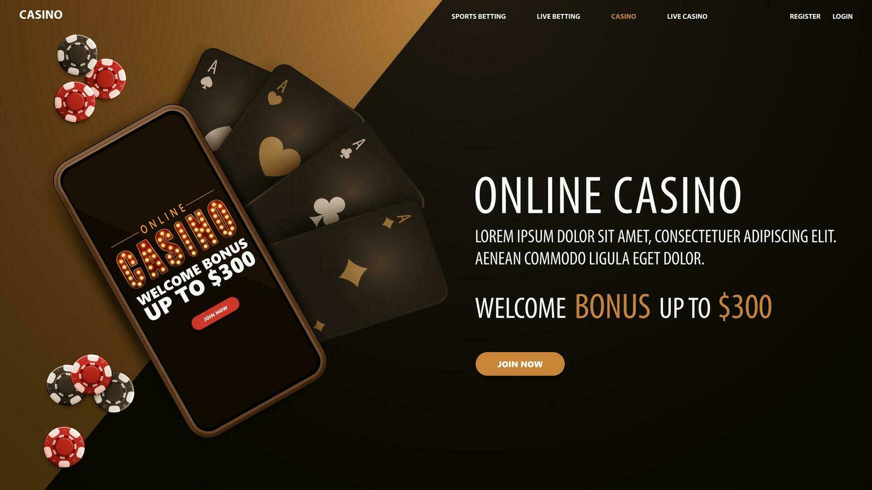 online Kasino, schwarz und Gold Banner mit Smartphone mit Angebot, spielen Karten und Poker Chips, oben Aussicht vektor