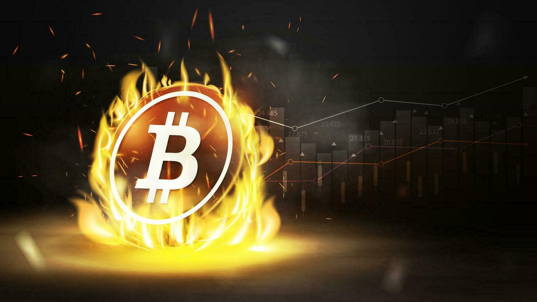 mörk affisch med guld bitcoin i brand flamma på en mörk suddig bakgrund med dimma och kryptovaluta Graf vektor