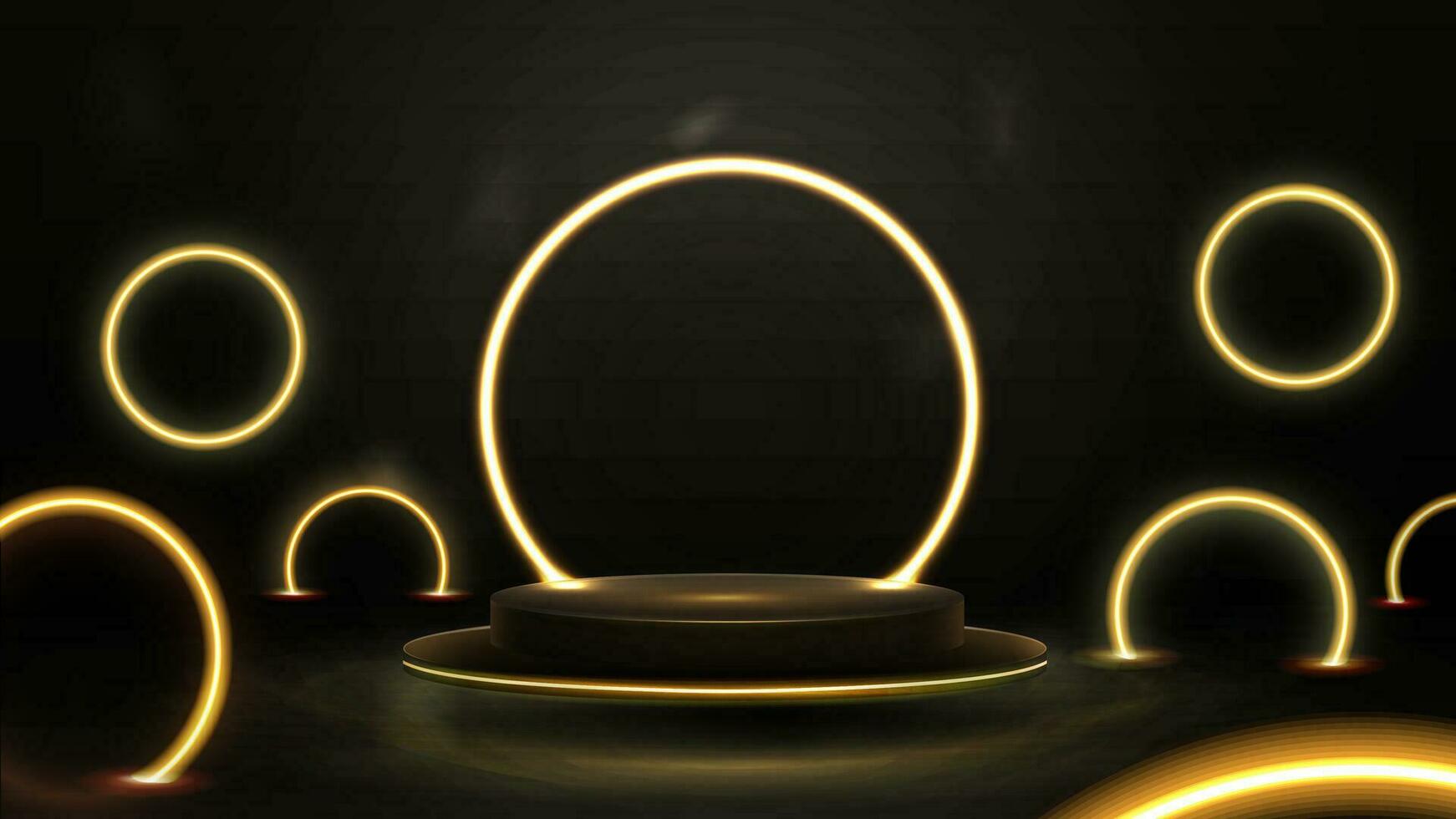 leeren Gold und schwarz Podium schwebend im das Luft mit Gelb Neon- Ringe um vektor