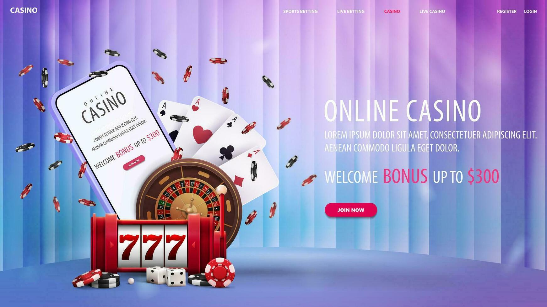 online Kasino, Licht Netz Banner mit Smartphone, Kasino Slot Maschine, Roulette Rad, Poker Chips und spielen Karten auf Hintergrund mit Vorhang vektor