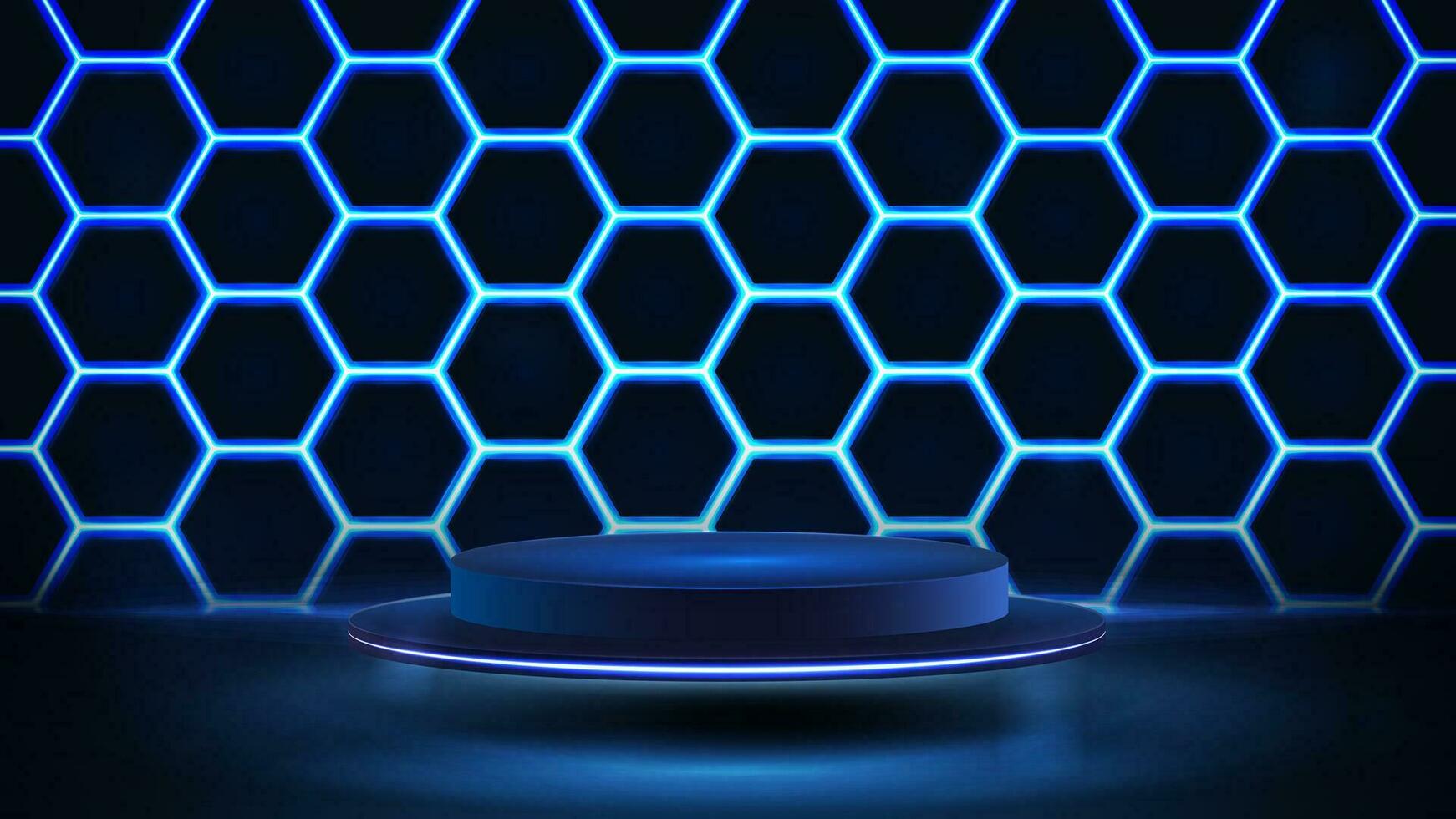 leeren Blau Podium mit Neon- Bienenwabe auf Hintergrund. Blau Digital Szene zum Produkt Präsentation vektor