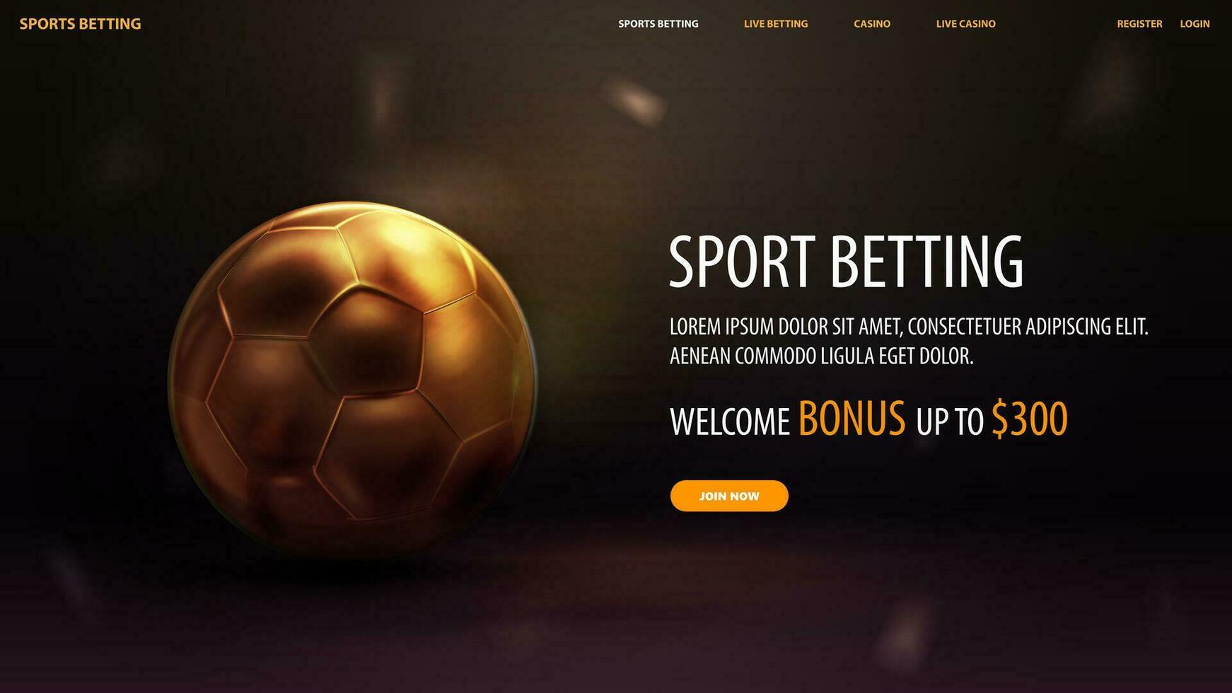 Sport Wetten, Netz Banner zum Webseite mit Angebot und Gold Fußball Ball auf verschwommen Hintergrund vektor
