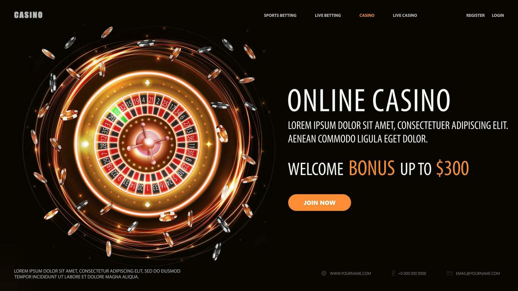 online Kasino, schwarz Banner mit Angebot, Taste und Gold scheinen Neon- drehen Kasino Roulette Rad mit Poker Chips vektor