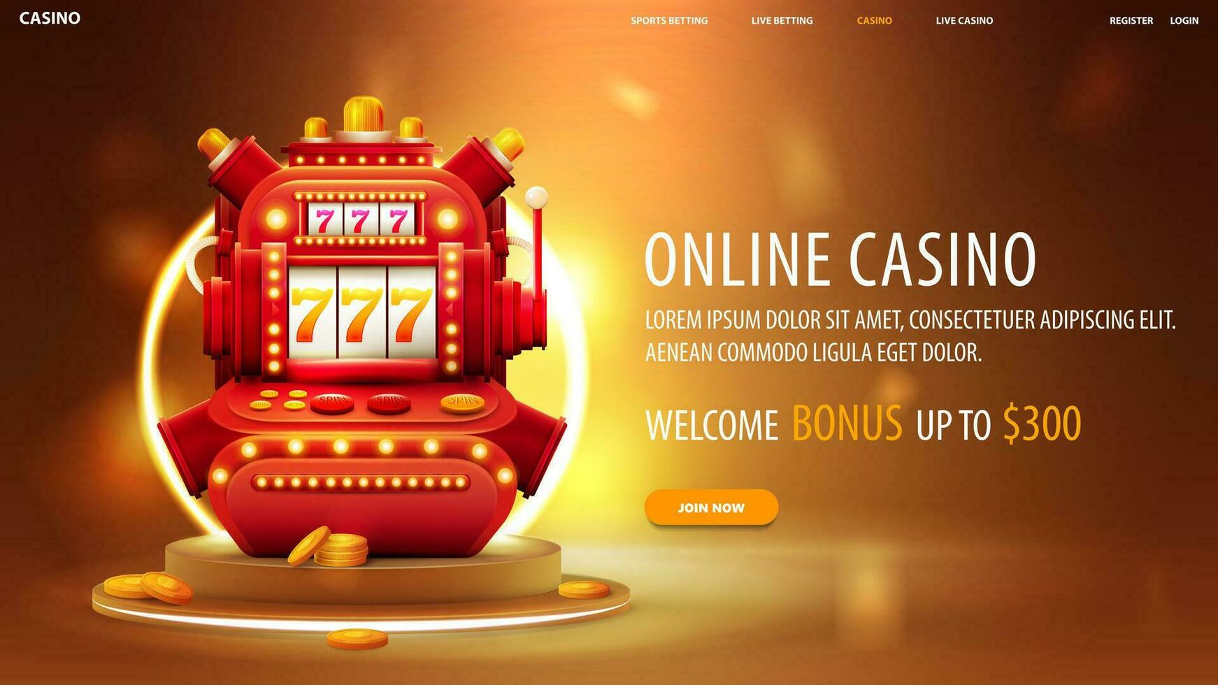 online Kasino, Orange Banner mit volumetrisch rot Slot Maschine auf Gold Podium mit Gelb Neon- Ring vektor
