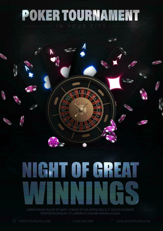 Poker Turnier, schwarz Poster mit schwarz spielen Karten mit glühend Neon- Beleuchtung und Chips im dunkel Szene vektor
