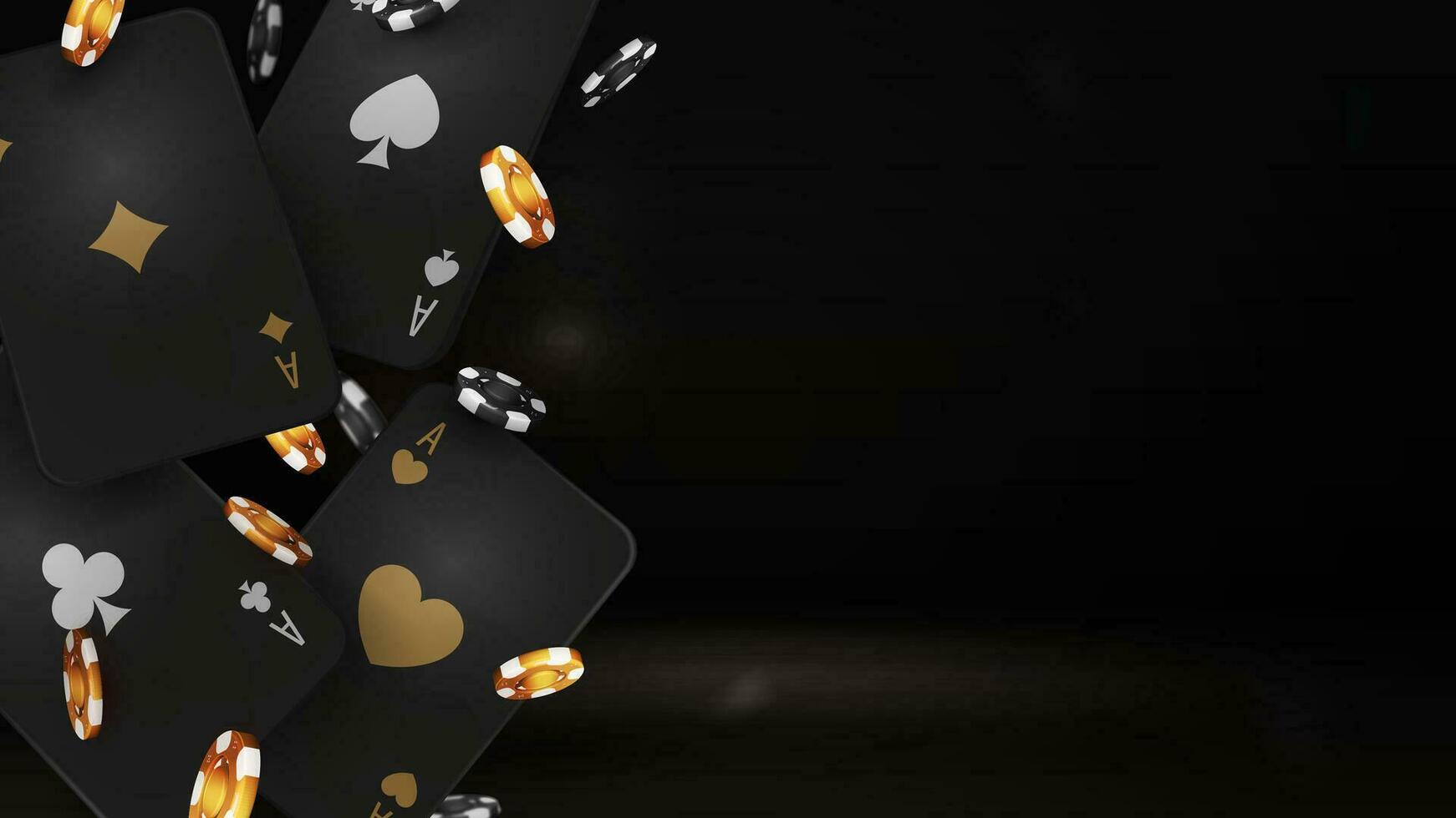 svart och guld faller kasino spelar kort med poker pommes frites på svart bakgrund vektor