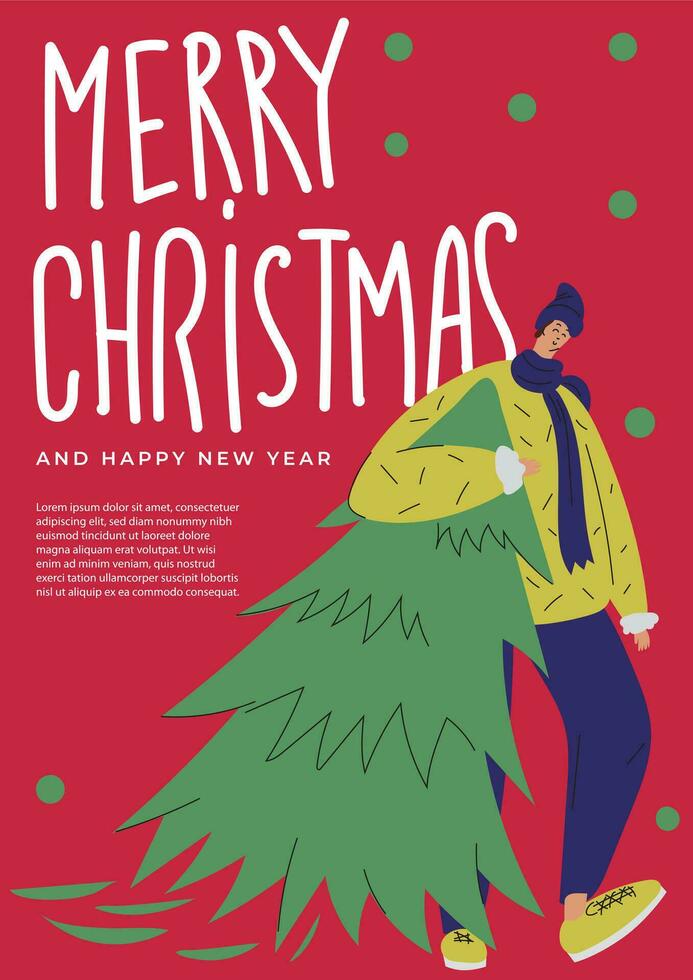 glad jul affisch mall. illustration med en man bär en jul träd Hem. kille dragande en träd. vektor