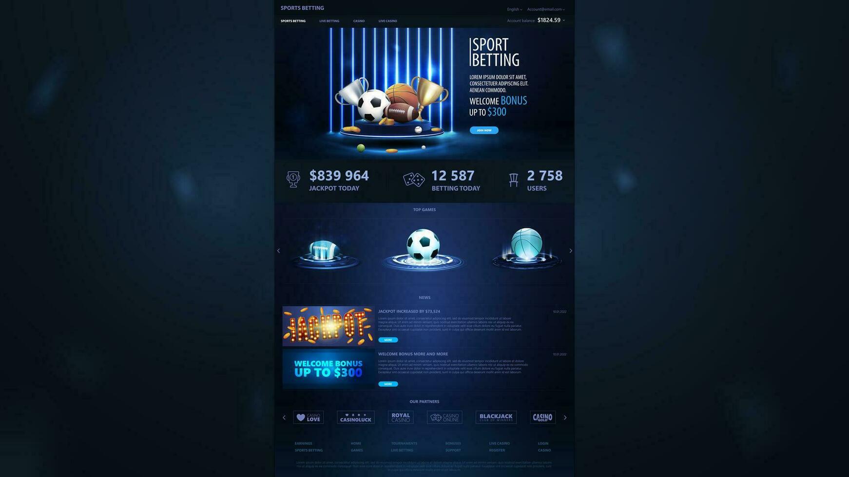 Sport Wetten, dunkel und Blau Vorlage von Webseite mit Netz Banner und Sport Elemente vektor