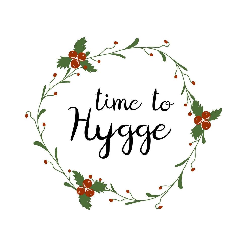 hygge tid. mysigt Hem dansk fras in i blommig krans söt handskriven slogan isolerat på vit decotive bok element. hygge skriva ut logotyp symbol inskrift. vektor handskriven illustration.