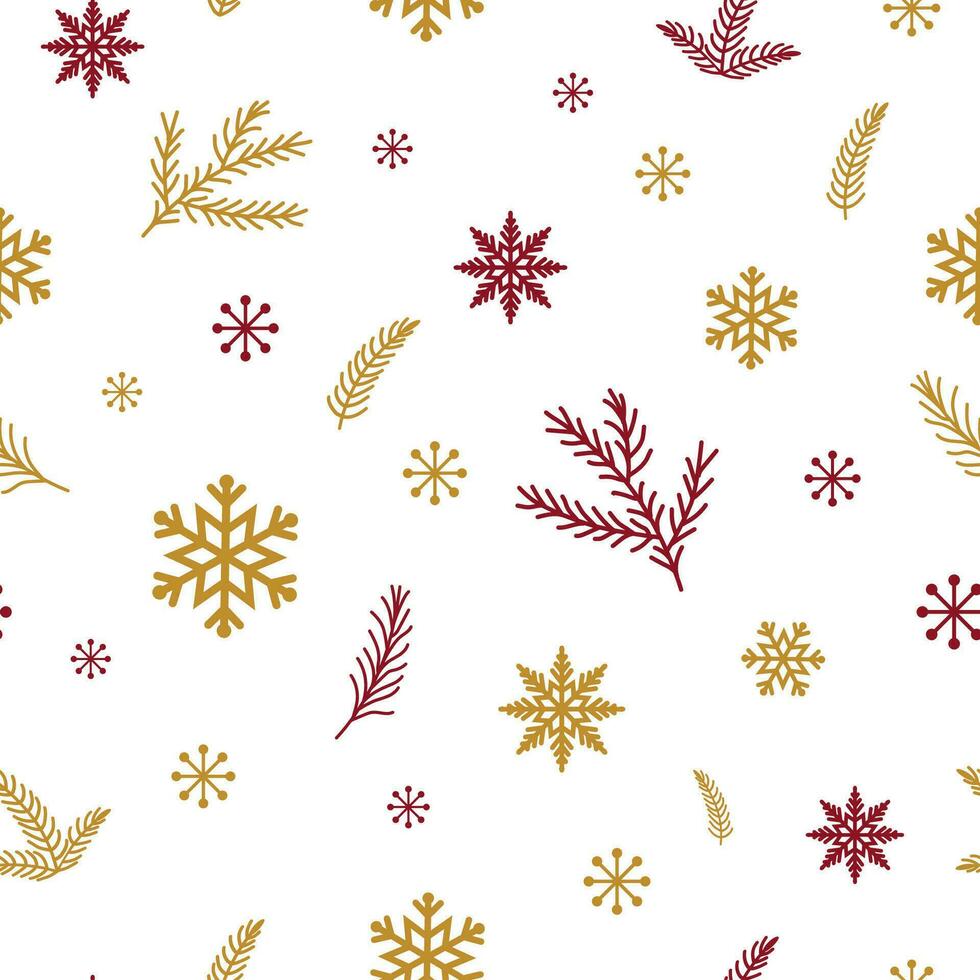 rot Gold Schneeflocken und Tanne Geäst auf Weiß Hintergrund Weihnachten nahtlos Muster Winter Zeit Textur Neu Jahr Urlaub Hintergrund Hintergrund Oberfläche Texturen, Stoff druckt retro Vektor Illustration.