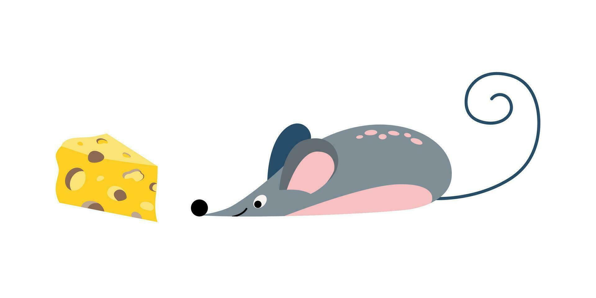 süß Karikatur Maus suchen zum ein Stück von Käse. Vektor Illustration isoliert auf Weiß Mäuse Käse komisch drucken. Ratte Käse.