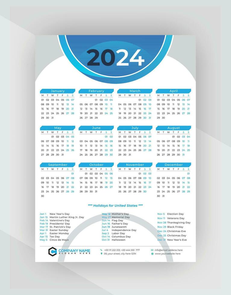 2024 Kalender, Kalender Design, Mauer Kalender, einer Seite Mauer Kalender, Feiertage, Kalender Design mit Urlaub, vektor