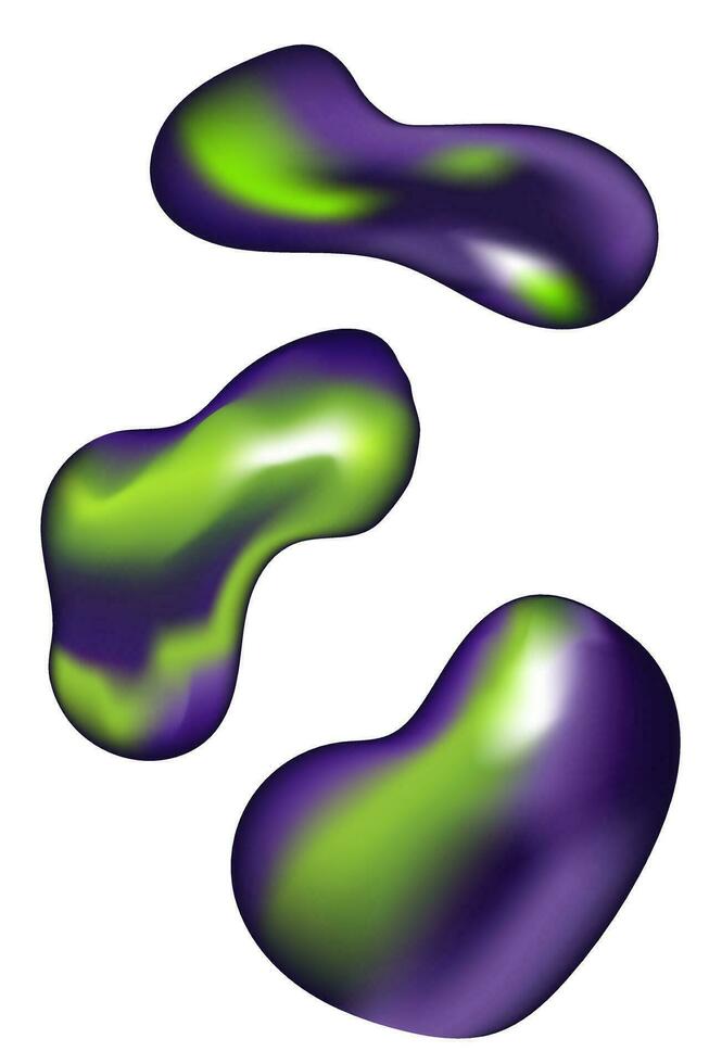 abstrakt flytande, droppar, koagulera. metallisk glans, 3d volym. vektor illustration, klistermärke, uppsättning. violett, grön och syra kalk Färg av metall, flytande