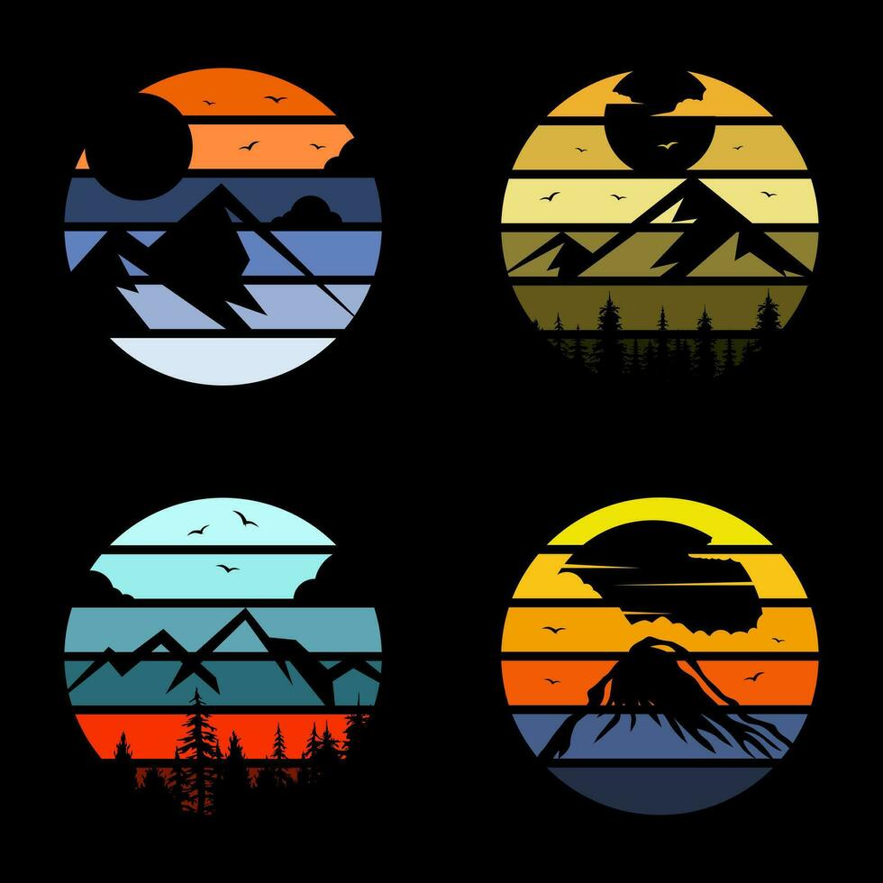 Berg Landschaft Silhouette Logo einstellen mit bunt retro Hintergrund vektor