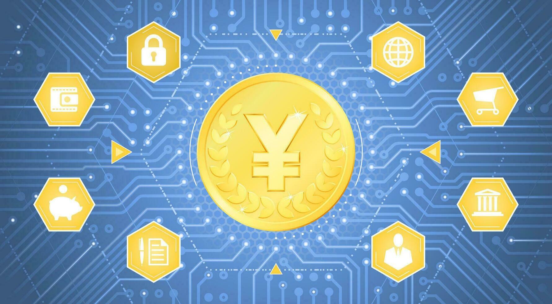 digital yuan. en metallisk mynt med de symbol av kinesisk yuan på den i elektronisk cyberrymden. grafisk sammansättning på de tema av digital valutor. vektor