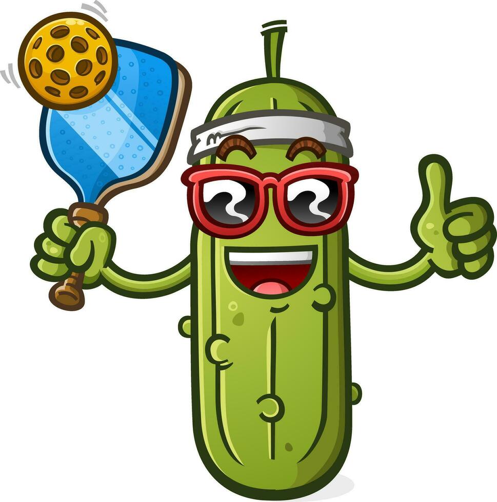en Lycklig pickleball tecknad serie maskot med en racket och boll bär solglasögon och ger en tummen upp vektor