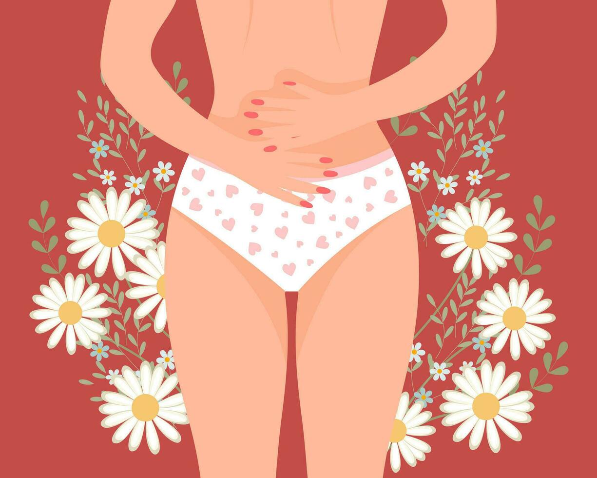 Menstruation- Zeitraum. weiblich Körper im Höschen mit Bauch Schmerz. Frau Gesundheit Konzept mit Blumen. Illustration, Vektor