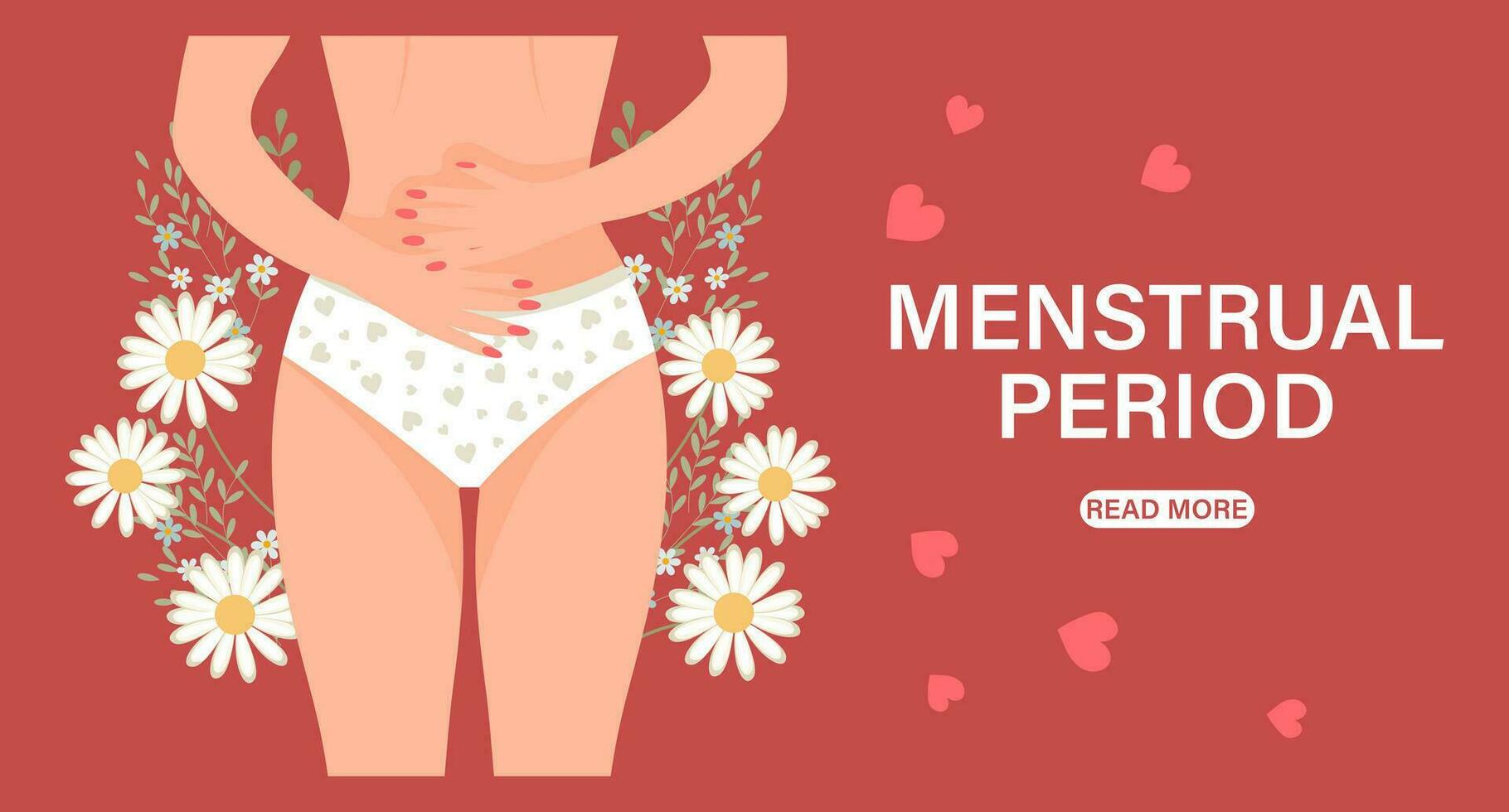 Menstruation- Zeitraum. Landung Seite Vorlage. weiblich Körper im Höschen mit Bauch Schmerz. Frau Gesundheit Konzept mit Blumen. Illustration, Vektor