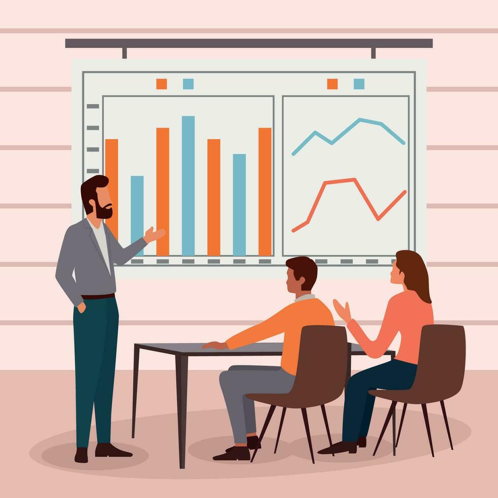 Geschäft treffen. Vektor Karikatur Illustration im ein eben Stil von ein Gruppe von vielfältig Menschen führen ein Diskussion beim ein Tabelle in der Nähe von ein Whiteboard mit Diagramme und Grafiken. isoliert auf Hintergrund