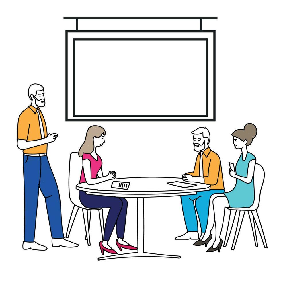 företag möte. vektor tecknad serie illustration i en platt stil av en grupp av olika människor ledande en diskussion på en tabell nära en whiteboard med diagram och grafer. isolerat på bakgrund