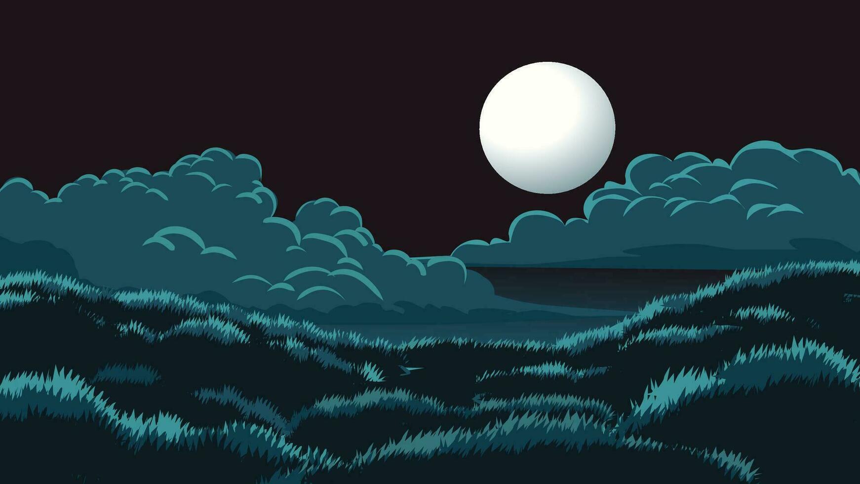 vektor illustration av full måne över gräsmark med moln
