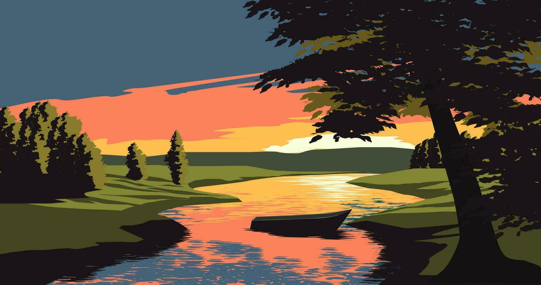 schön Fluss Sonnenuntergang Landschaft mit ein leeren Boot im das rive vektor